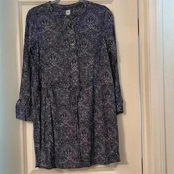 GAP MEDIUM PETITE BLUE AND WHITE DAMASK BOHO LONG SLEEVE DRESS - Picture 4 of 7